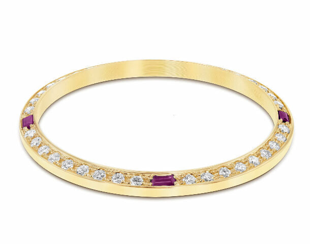 .90CT BEAD SET DIAMOND BEZEL FOR ROLEX DATE 34MM WITH 4 RUBIES 14K YELLOW GOLD