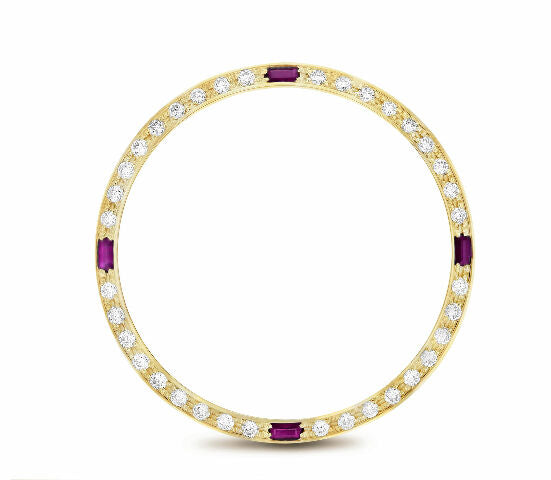 .90CT BEAD SET DIAMOND BEZEL FOR ROLEX DATE 34MM WITH 4 RUBIES 14K YELLOW GOLD