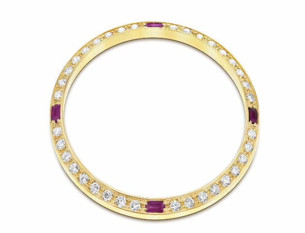 .90CT BEAD SET DIAMOND BEZEL FOR ROLEX DATE 34MM WITH 4 RUBIES 14K YELLOW GOLD