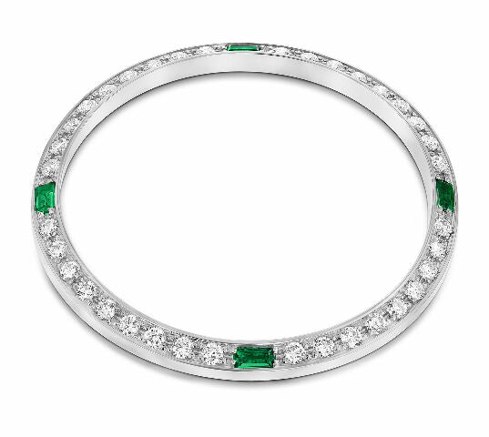 14K WHITE GOLD .90CT BEAD SET DIAMOND BEZEL FOR ROLEX DATE 34MM WITH 4 EMERALDS