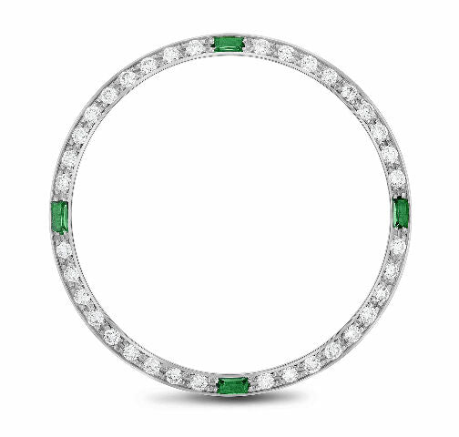 14K WHITE GOLD .90CT BEAD SET DIAMOND BEZEL FOR ROLEX DATE 34MM WITH 4 EMERALDS